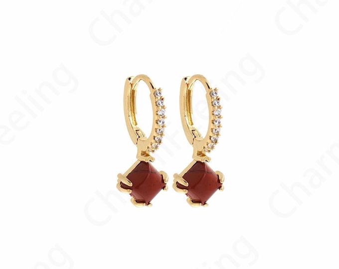 Red Stone Earrings, Square Earrings, 18K Gold Filled Rectangular Rhinestone Earrings,  Micropavé CZ Exquisite Earrings,15x24x9.5mm