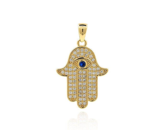 Eye Hamsa Necklace. 18K Gold Filled Hamsa Charm Necklace, MicroPave Enamel Hamsa Pendant, DIY Jewelry Making,25x16x1.9mm