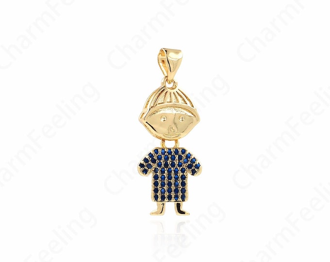 Boys Necklace, 18K Gold Filled Boys Charm, Boys Pendant, Micropavé CZ Kids Charm, DIY Jewelry Supplies, 28.5x11x3mm