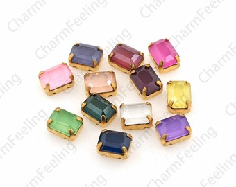 10pcs, Rectangular Sewing Crystal With Golden Claws, Flat Back Sewing Rhinestone Glass Crystal, DIY Wedding Dress Jewelry Accessories 6x8mm
