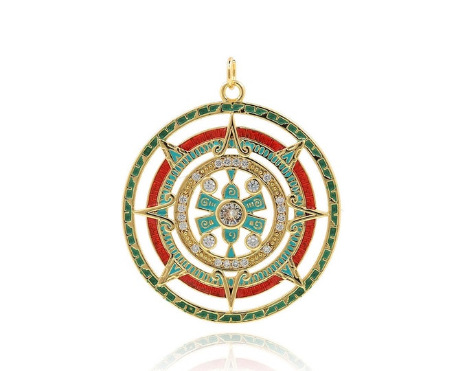 18K Gold Filled Compass Pendant, Round Necklace, Micropavé CZ Enamel Compass Pendant, Compass Necklace, DIY Jewelry Accessories, 40x33x2mm