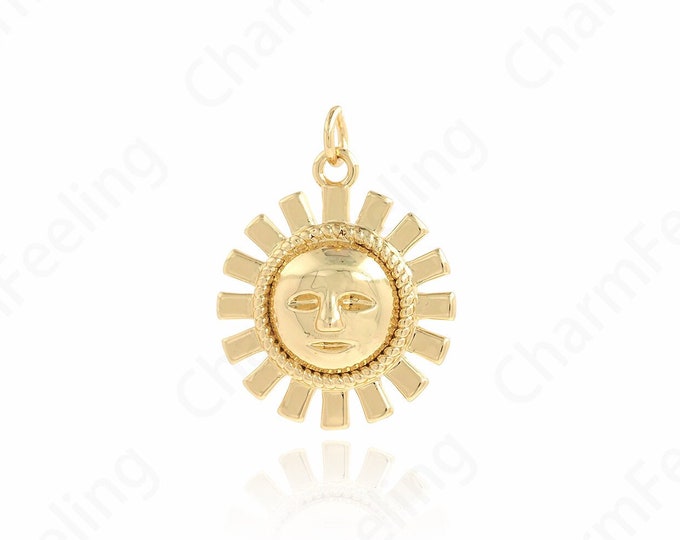Micropavé CZ Sun Pendant,Sun Face Pendant, 18K Gold Filled Sunshine Necklace, Sun Charm, DIY Jewelry Accessories 20x25x4.5mm