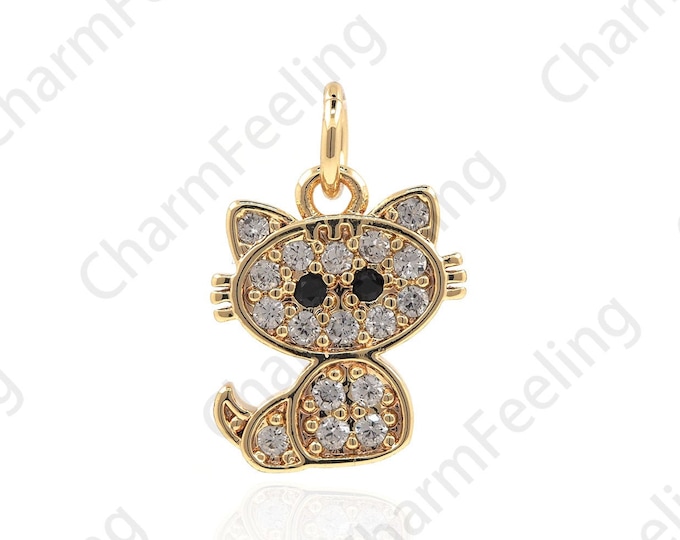 18K Gold Filled Cat Necklace, Cat Pendant, Animal Charm, Cat Charm, Micropavé CZ Cat Pendant, DIY Jewelry Accessories 16.5x11x1.8mm