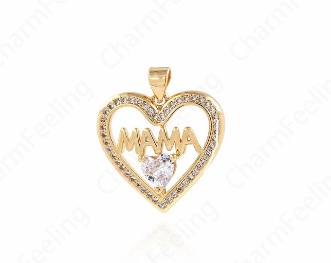 18K Gold Filled Heart Charm Mom Pendant, Heart Necklace, Micro Pave Mother Charm, Gift For Mother,25.5x23x6mm