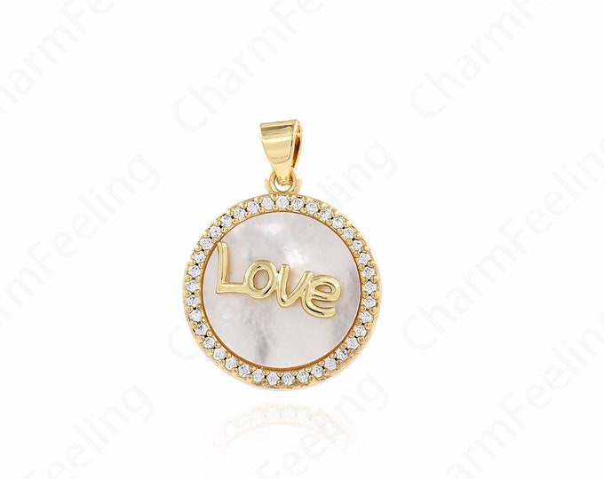 Letter Pendant,Micropavé CZ Heart Necklace,Heart Charm, Pearl Love Pendant, 18K Gold Filled Round Pendant,18x25x3.5mm