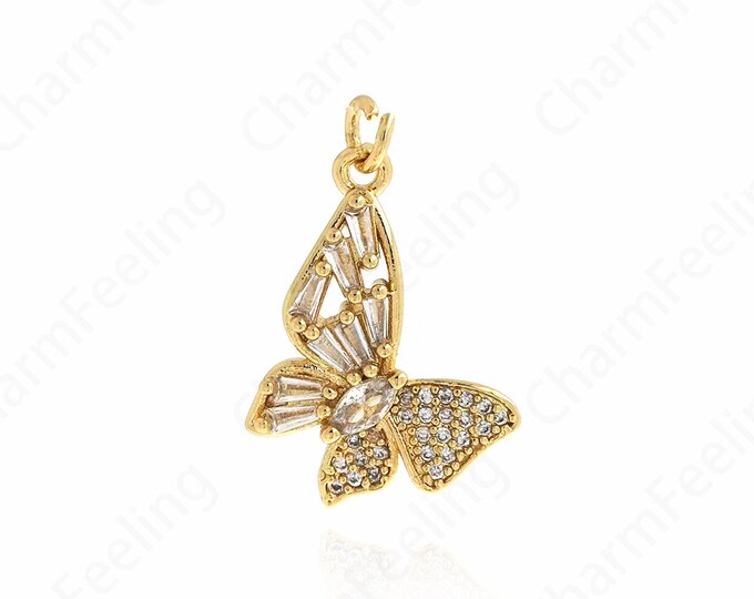 18K Filled Gold Butterfly Pendant, MicroPave CZ Butterfly, Butterfly Charm, Animal Charm, Necklace Earring Component Supplies 23x15.5x3mm