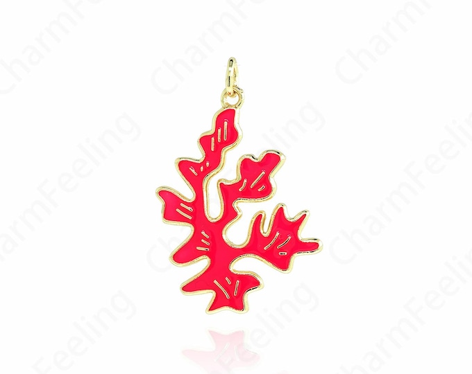 Gold Coral Charms,18K Gold Filled Coral Pendant,Dainty Kelp Charm Enamel Charms DIY Jewelry Making Supply,31x19x1.8mm