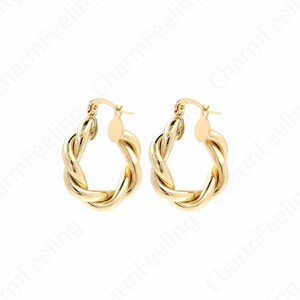 18K Gold Filled Thick Earrings, Round Earrings, Twist Earrings, Thin Gold Earrings, Gift for Her, 28.5x25.5x5mm