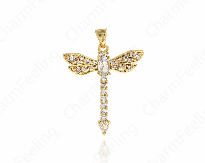 Insect Charm, Flying Charm, 18K Gold Filled Wings Necklace, Micropavé CZ Dragonfly Pendant, DIY Jewelry Making Supplies,34.5x25.8x4.5mm