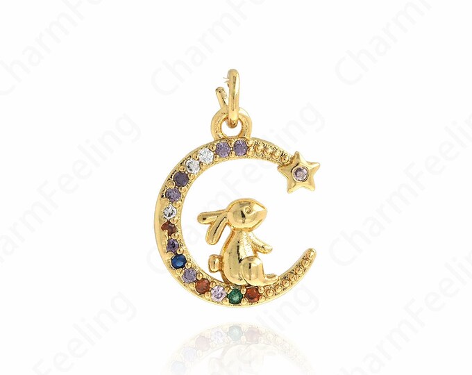 Rabbit Pendant, Micropavé CZ Moon Charm, 18K Gold Filled Crescent Charm, Animal Charm, DIY Jewelry Accessories, 17.8x12.3x2.2mm