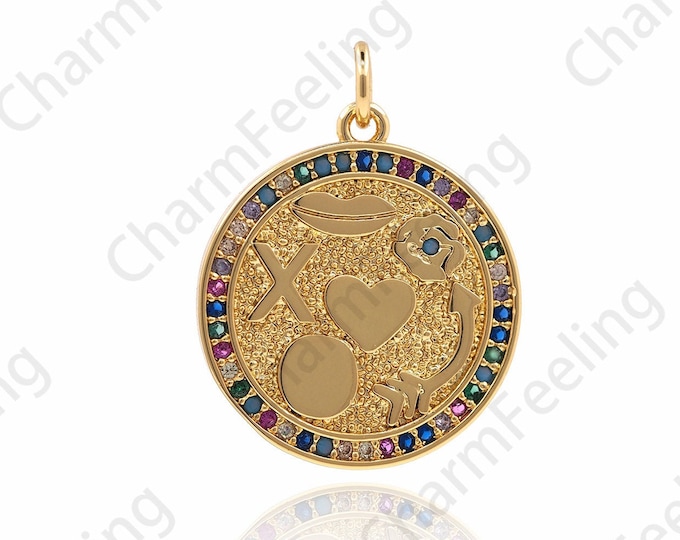 Micropavé CZ Alchemy Pendant, Alchemy Charm, Round Gold Coin Necklace, Round Charm,Gold Coin Charm, DIY Jewelry Making Accessories 25x19x2mm