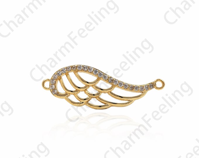 Cubic Zirconia Angel Wing Connector, Angel Wing Charm, Gold Wing Pendant, DIY Jewelry Making Accessories 9.3x27.8x2.5mm 1pcs