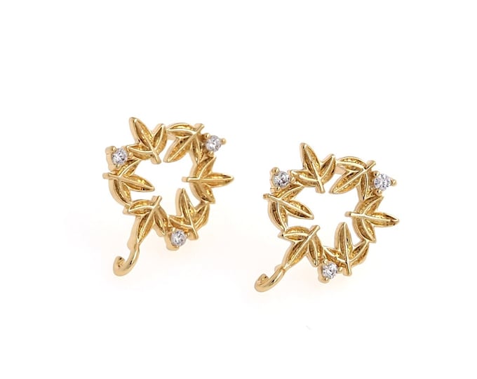 Maple Leaf Stud Earrings,Micropavé CZ Leaf Earrings Accessories, 18K Gold Filled Botanical Earrings,DIY Jewelry Supplies, 17.5x13x2mm