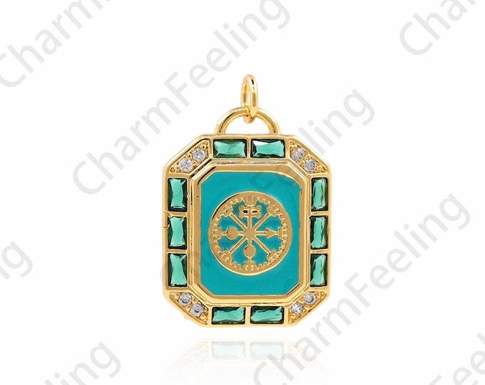 18K Gold Filled Square Pendant,Good Luck Necklace, Good Luck Charm, Good Luck Pendant, Enamel Charm, DIY Jewelry Accessories 26x17x3.5mm