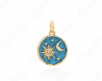 Crescent Charm, 18K Gold Filled Round Pendant, Black Enamel Necklace, Moon Pendant, Sun Pendant, Star Charm, 13x18x2mm