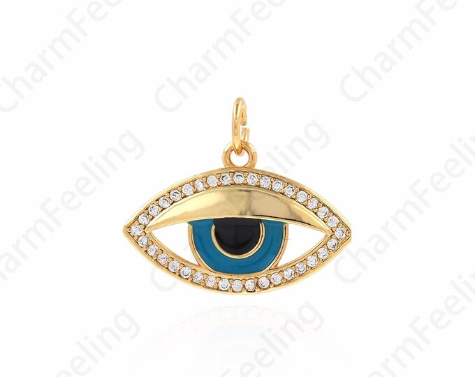 Micropavé CZ Eye Pendant, Lucky Eye Necklace, 18K Gold Filled Devil's Eye Pendant, Enamel Charm, DIY Jewelry Supplies, 19.5x16.5x2mm