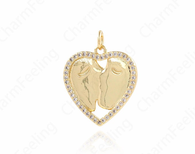 Love Charm, Lucky Necklace, 18K Gold Filled Heart Necklace, Micropavé CZ Love Kiss Pendant, DIY Jewelry Accessories, 24x20x1.8mm
