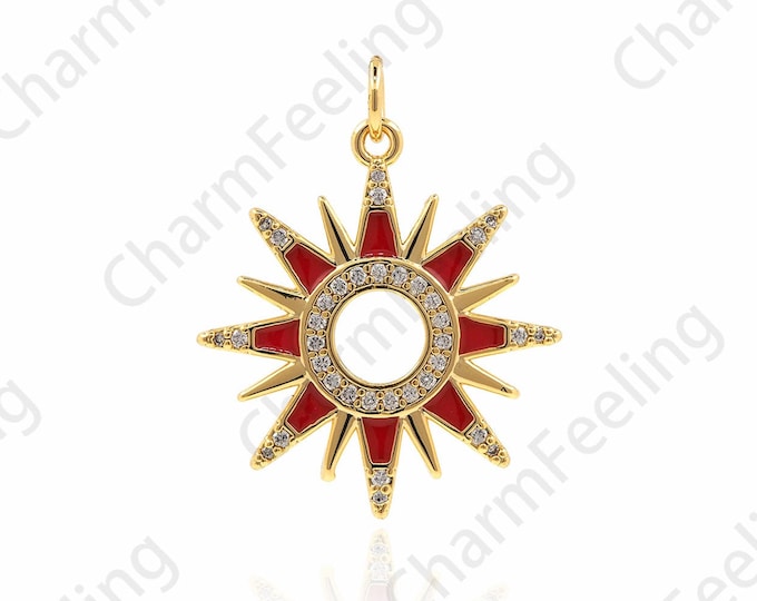 18K Gold Filled Sun Pendant,Enamel Sun Pendant, Micropavé CZ Enamel Sun Necklace, Enamel Charm, Sun God Charm, Hollow Sun Pendant, 27x21x2mm