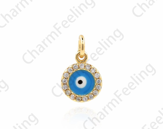 18K Gold Filled Round Eye Pendant,Eye Pendant, Micropavé CZ Enamel Eye Charm, DIY Jewelry Accessories, 14x9x1.8mm