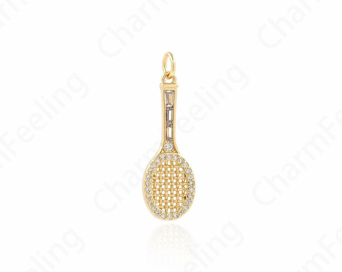 Tennis Racket Pendant, Micro Pave CZ Match Charm, 18K Gold Filled Tennis Necklace, Racket Necklace, DIY Jewellery Supplies, 30x9.8x2.5mm