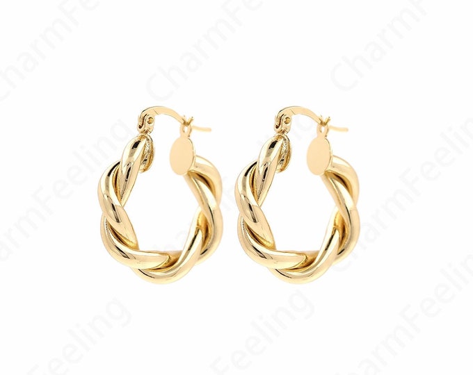18K Gold Filled Thick Earrings, Round Earrings, Twist Earrings, Thin Gold Earrings, Gift for Her, 28.5x25.5x5mm