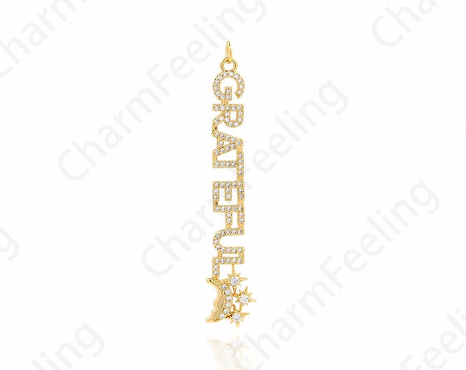 Grateful Pendant, Micropavé CZ Word Necklace, 18K Gold Filled Word Necklace, Grateful Charm, DIY Jewelry Supplies, 62x11x2mm