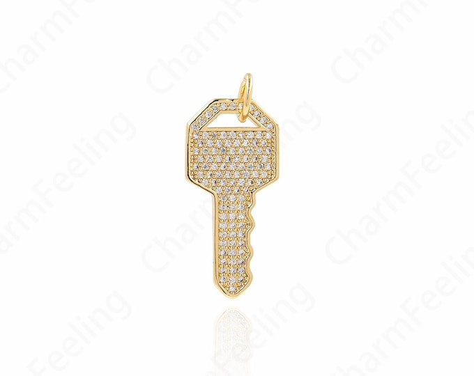 18K Gold Filled Key Necklace, Key Pendant, Micropavé CZ Key Charm, DIY Jewelry Supplies, 32x14x2mm