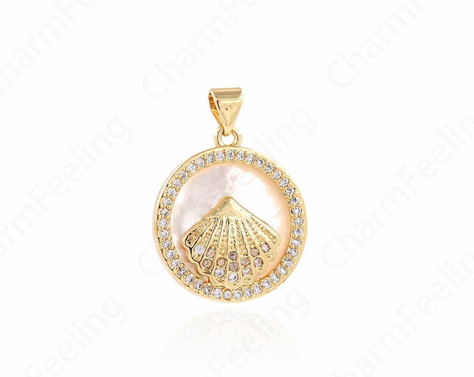 Micropavé CZ Shell Necklace, Shell Pendant, Beach Charm, 18K Gold Filled Beach Necklace, Shell Charm, DIY Jewelry Supplies,26x19.5x4mm