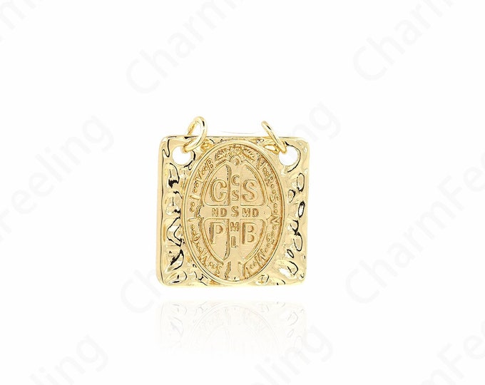 CSSML Benedictine Gold Medal Charm,Micropavé CZ Square Pendant,18K Gold Filled Saint Benedict Cross Charm, 21x19x2mm