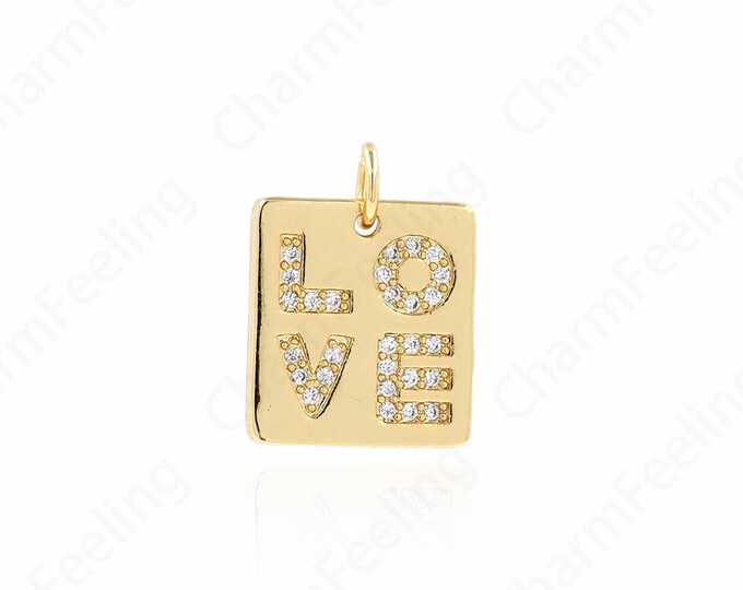 18K Gold Filled Heart Pendant, Square Pendant, Heart Charm, Micropavé CZ Love Necklace, DIY Jewelry Supplies, 13.5x18x2.5mm