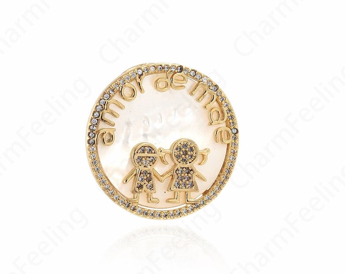 Girls Pendant, Round Shell Charm,18K Gold Filled Boys Charm, Micropavé CZ Kids Charm,DIY Jewelry Supplies, 26.5x26.5x2.5mm