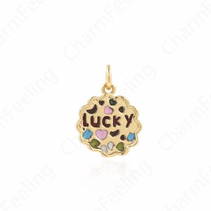 Lucky Pendant, Word Charm, Round Charm, Enamel Charm, 18K Gold Filled Word Necklace, DIY Jewelry Supplies, 18x13x2mm