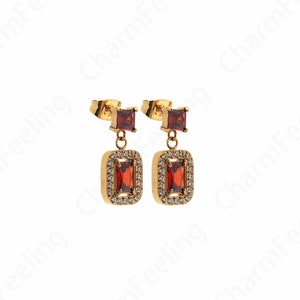 Brincos com pingente MicroPave CZ, brincos retangulares preenchidos com ouro 18K, brincos quadrados, brincos de aço inoxidável, presente para ela, 19x9x3mm