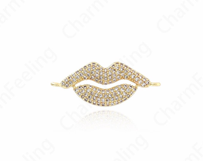 Lip Connector, Micro-pavé CZ Kiss Connector, 18K Gold Filled Bracelet Connector Accessories, DIY Jewelry Accessories, 30.6x12.6x3.4mm
