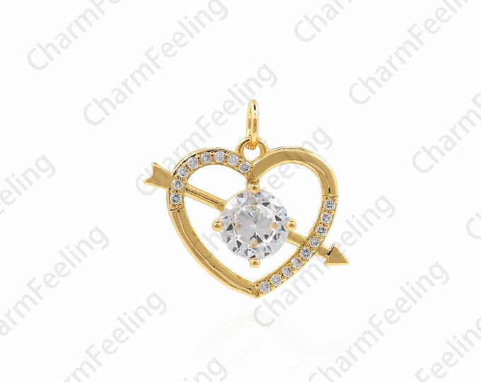 18K Gold Filled Heart Pendant, Archery Necklace, Micropavé CZ Line Heart Necklace, Love Charm, DIY Jewelry Accessories, 19x21x5.5mm