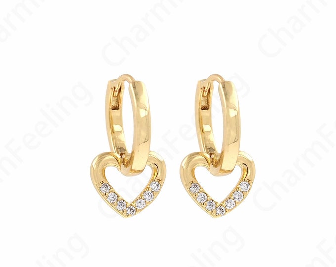 Micropavé CZ Love Earrings, Hoop, 18K Gold Filled Heart Earrings, DIY Jewelry Accessories 10x13x13.8mm