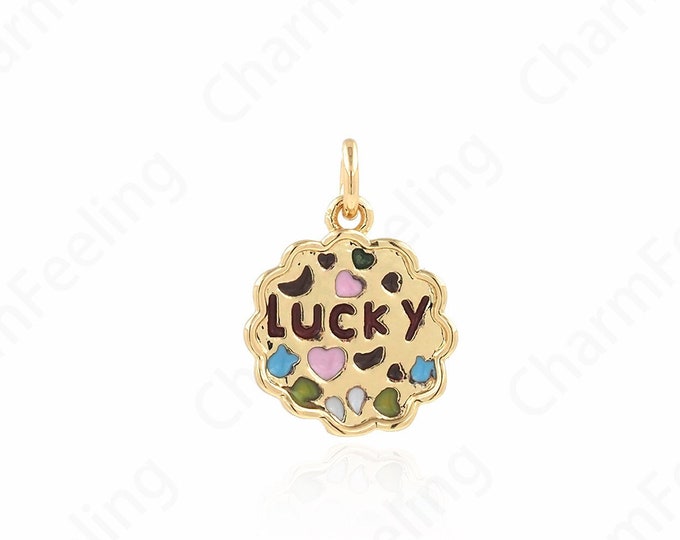 Lucky Pendant, Word Charm, Round Charm, Enamel Charm, 18K Gold Filled Word Necklace, DIY Jewelry Supplies, 18x13x2mm