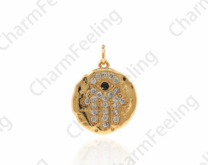 Round Hamsa Pendant, 18K Gold Filled Hand-Eye Necklace, Micropavé CZ Hamsa Necklace, DIY Jewelry Accessories, 21x16x1.7mm
