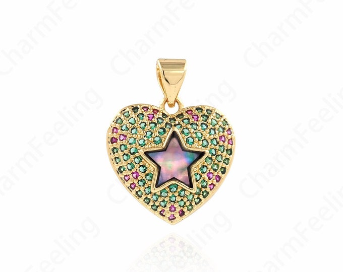 Micropavé CZ Love Charm, 18K Gold Filled Dainty Necklace, Heart Pendant, Pentagram Charm, Gift For Her, DIY Jewelry Supplies, 20x16x4.5mm
