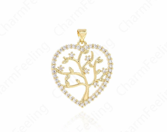 Heart Tree Pendant, Heart Charm, 18K Gold Filled Tree of Life Charm, Plant Necklace, Love Charm, Tree Jewelry,DIY Jewelry Supplies,33x26x3mm