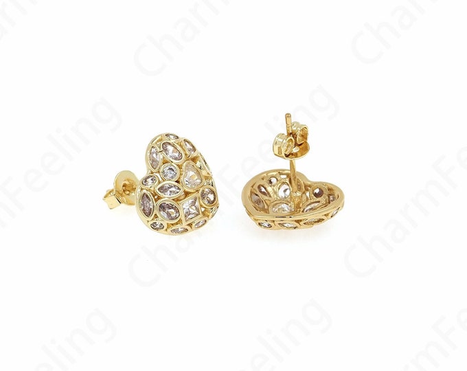1 Pair,Heart-Shaped Earrings, 18K Gold Filled Love Earrings, Micropaved CZ Love Earrings,Love Charm, A Gift For Her,12x12.5x3.5mm