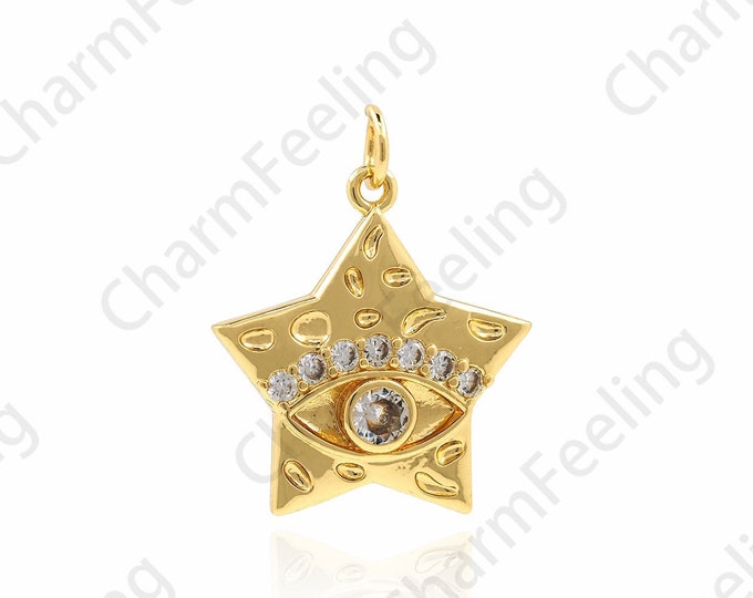 Eye Pendant, Star Eye Necklace, Polaris Charm, Micropavé CZ Star Pendant, 18K Gold Filled Starburst Pendant, 25x20x3mm