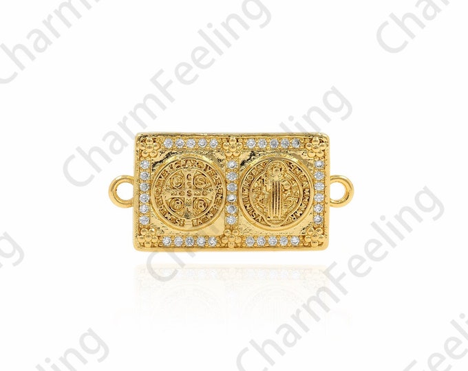 18K Gold Filled Rectangular Connector, Micropavé CZ Notre Dame Connector, Maria Charm, Catholic Connector, Hand Link Head, 16x32x3mm