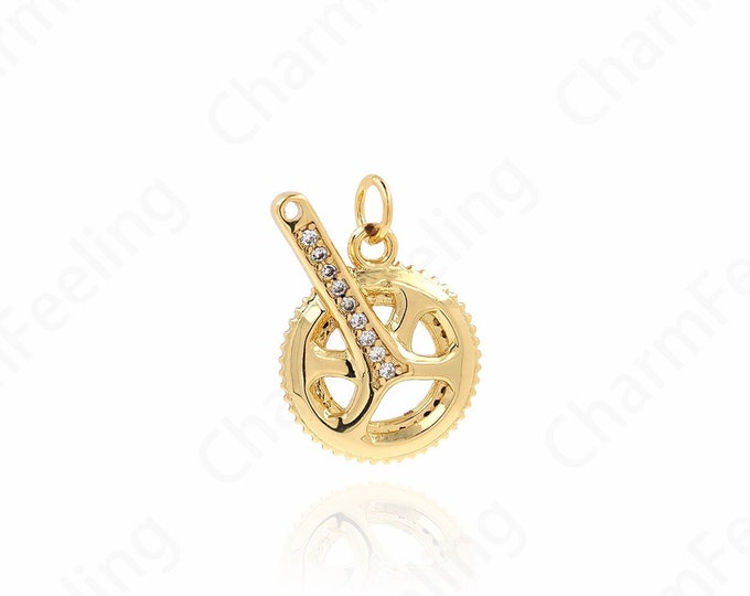 Gear Pendant, 18K Gold Filled Round Charm, Micropavé CZ Gear Charm, DIY Jewelry Supplies, 21x14.5x2.8mm