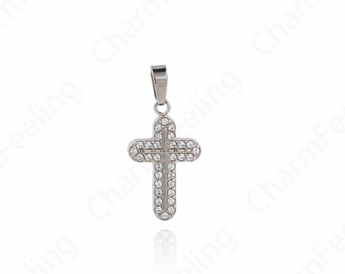 Simple Cross Pendant,  Silver Filled Dainty Cross Necklace,Micropavé CZ Stainless Steel Religious Charm,DIY Jewelry Supplies 22x10x2mm