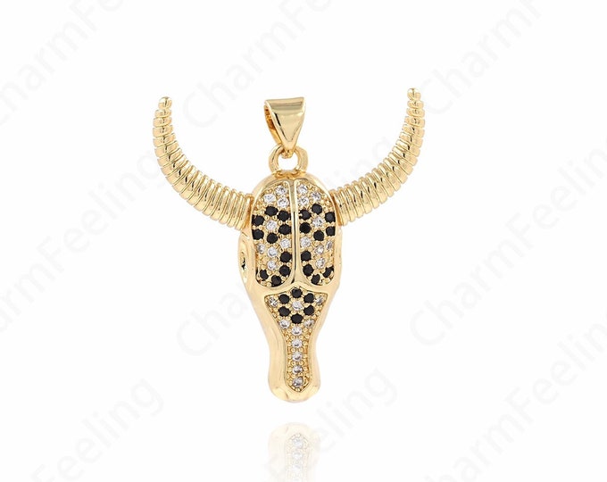 Wild Animal Charm, Micropavé CZ Animal Necklace, 18K Gold Filled Cow Charm, Bull Head Pendant, DIY Jewelry Supplies, 30.5x27.5x6mm