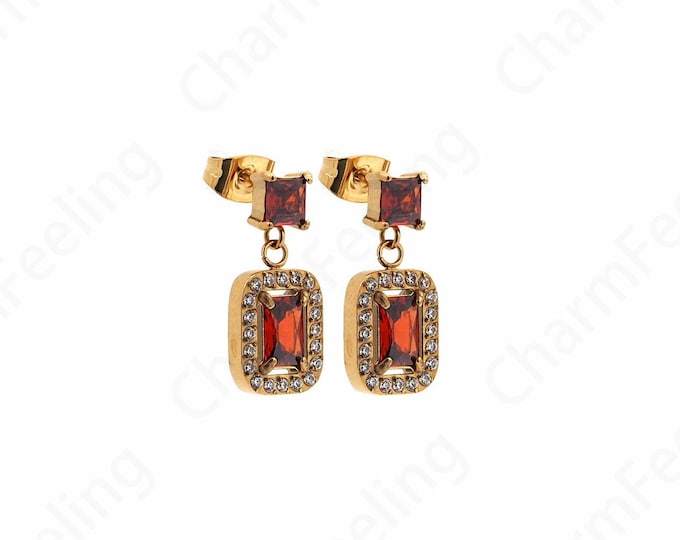MicroPave CZ Pendant Earrings,18K Gold Filled Rectangular Earrings,Square Earrings,Stainless Steel Earrings,Gift for Her,19x9x3mm