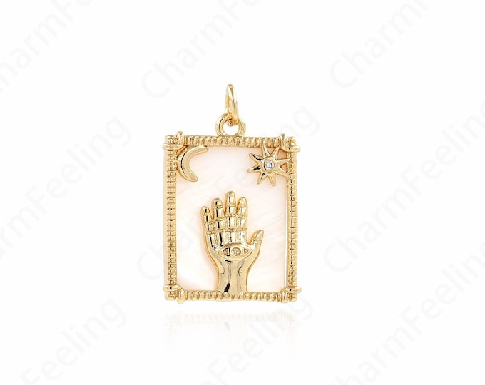 Shell Square Hand-Eye Pendant,18K Gold Filled Third Eye Tarot Necklace,Lucky Eye Pendant,Rectangular Tarot Pendant 25.5x16.5x3.5mm