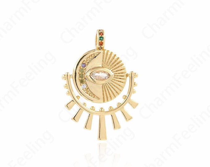 Dainty Eye Charm,Micropavé CZ Eye Coin Necklace,18K Gold Filled Eye Pendant,DIY Jewelry Making Accessories 31.5x21.5x3mm