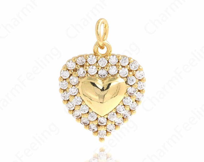 18K Gold Filled Heart Pendant Micropavé CZ Textured Heart Metallic Heart Gold Heart Bracelet Necklace DIY Jewelry Supplies, 21X14.5X4mm